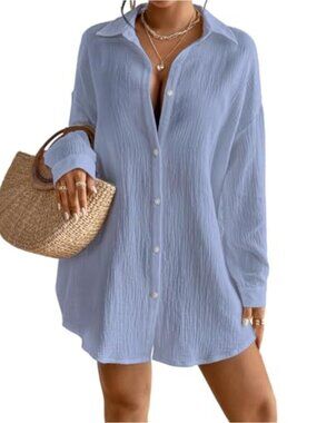 Women's Linen Button Down Long Sleeve Shirt Beach Swimsuit Coverup